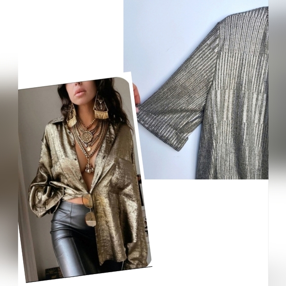 Kim & Cami Tops - Metallic Gold/Silver/Pewter Top Short Sleeve Size M